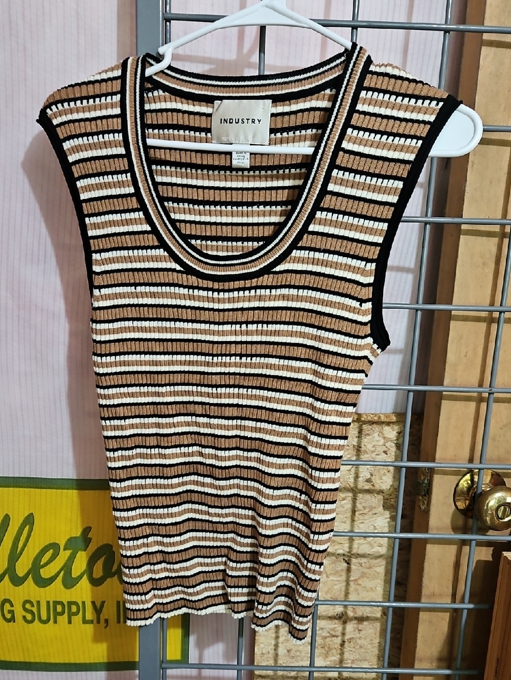 Industry Striped Ribbed Tank in Beige, Black & White